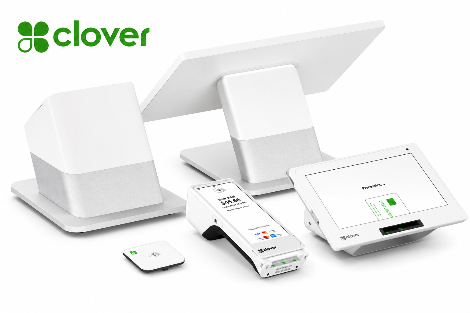 Restaurant POS system with Clover Station Duo, Clover Flex, and payment terminals