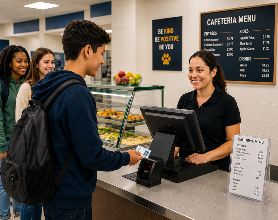 Student completing a payment at a K-12 school cafeteria checkout